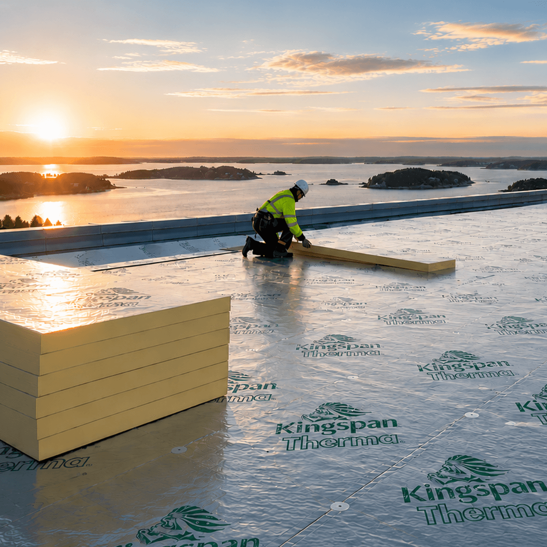 Therma Sjöstjärna Montör installerar Kingspan Therma isolerskivor på ett platt tak vid soluppgång med utsikt över kustlandskap och skärgård.