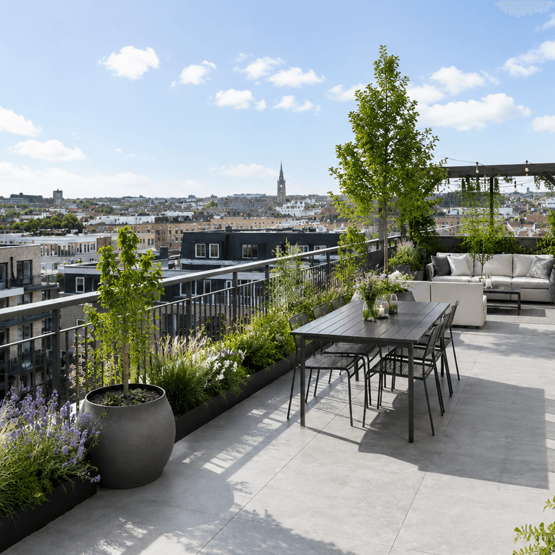 Therma TW56 Takterrass med matplats, loungegrupp och frodig grönska med utsikt över stadens silhuett en solig dag.