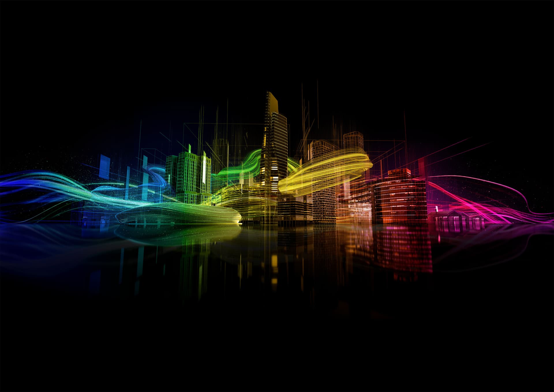 Kingspan Insulation Full Spectrum Abstrakt digital illustration av en modern stadssiluett mot svart bakgrund, uppbyggd av lysande konturer av höghus och genomkorsad av svepande färgade ljusstråk. Blå, gröna, gula, orange och magentafärgade ljusband löper genom byggnaderna och skapar ett intryck av rörelse, uppkoppling och energi. Reflektionerna under stadssiluetten förstärker den futuristiska känslan.