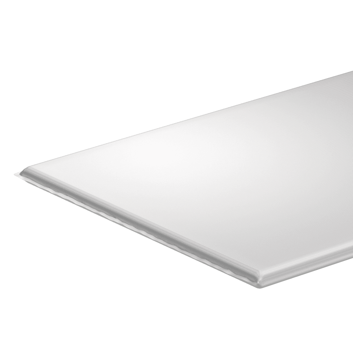 AlphaCore Pad white corner Illustration of a slim insulation board with a white finish that covers all the sides of the board (it looks a bit like a tight bag around the board). The board is called Kingspan AlphaCore Pad