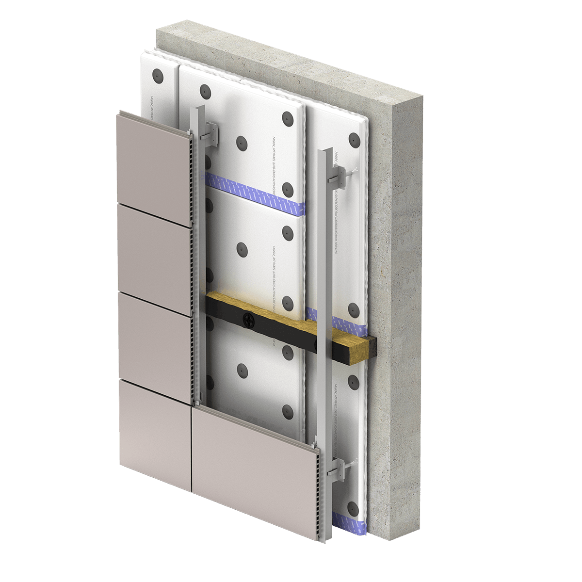 kingspan-alphacore-pad-system-render-03 - 1 Illustration of a ventilated façade system using AlphaCore Pad as an insulation layer. The image shows a concrete wall build up with a double layer of insulation including a fire barrier and an external wall build up on metalic rods.