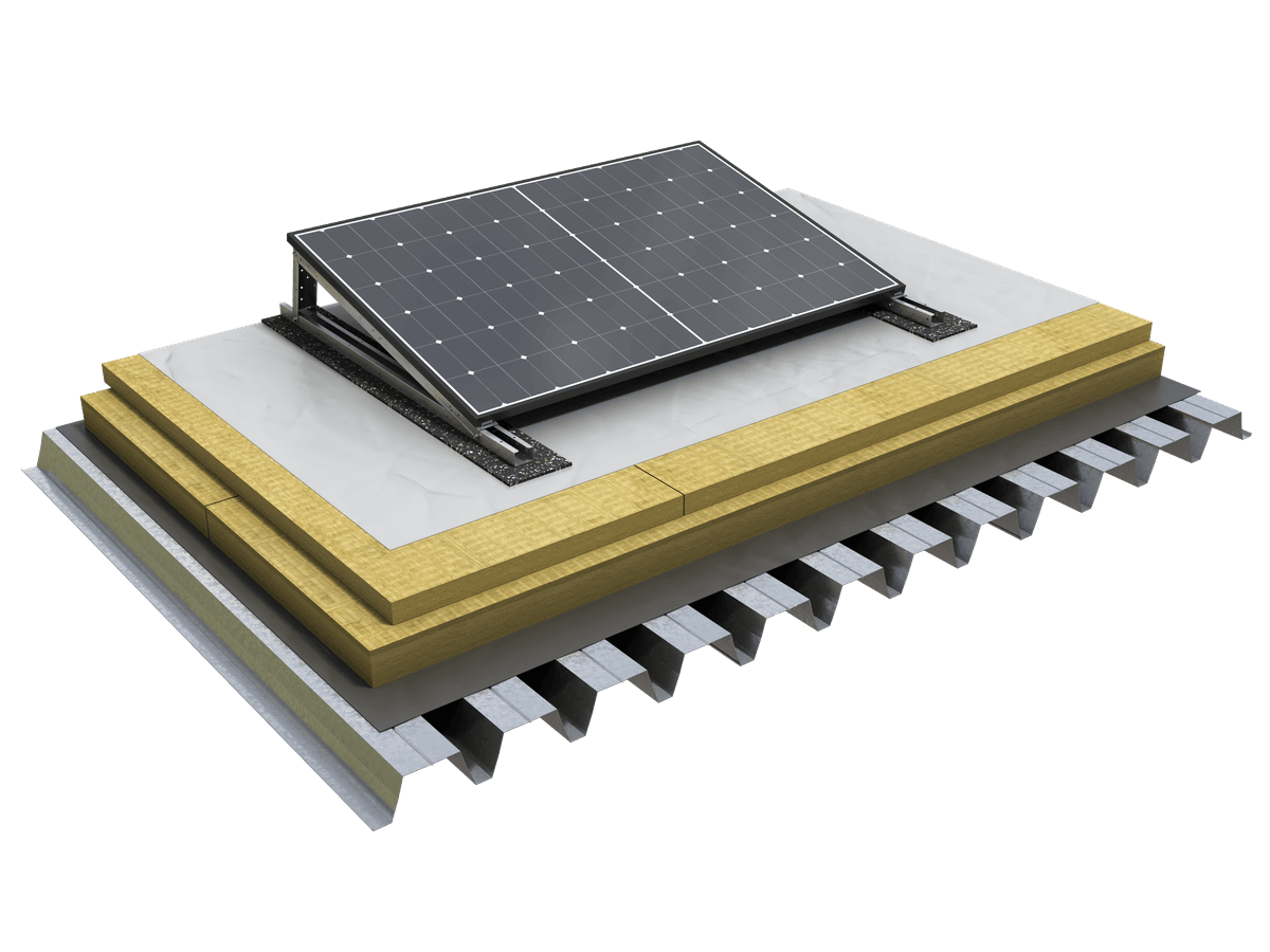 K-Roc Solar Roof 100 mit Solarmodul Flachdachkonstruktion mit einer Stahlunterkonstruktion und zwei Schichten Mineralwolle (Kingspan K-Roc), auf der ein Solarmodul angebracht ist