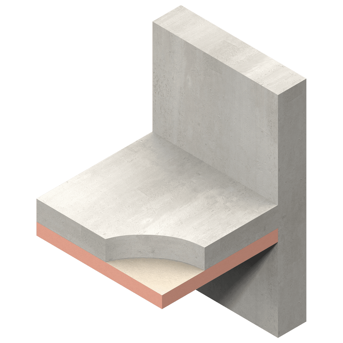 Kooltherm K10 render Illustration of a pink ceiling insulation board (called Kingspan Kooltherm K10), installed beneath a concrete floor at a wall junction.