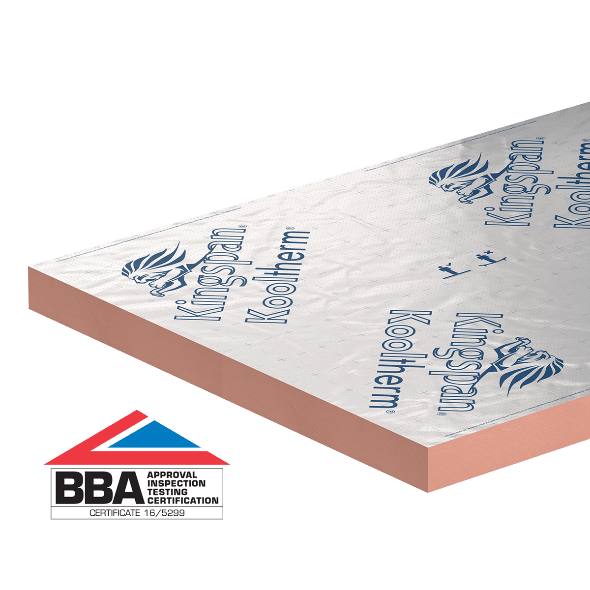 Kooltherm K107 Corner Corner image of Kooltherm K107 Pitched Roof Board showing the pink phenolic foam core and the emissivity composite foil autohesively bonded to the insulation core. The foil also has the Kingspan Kooltherm brand patterned on the top.