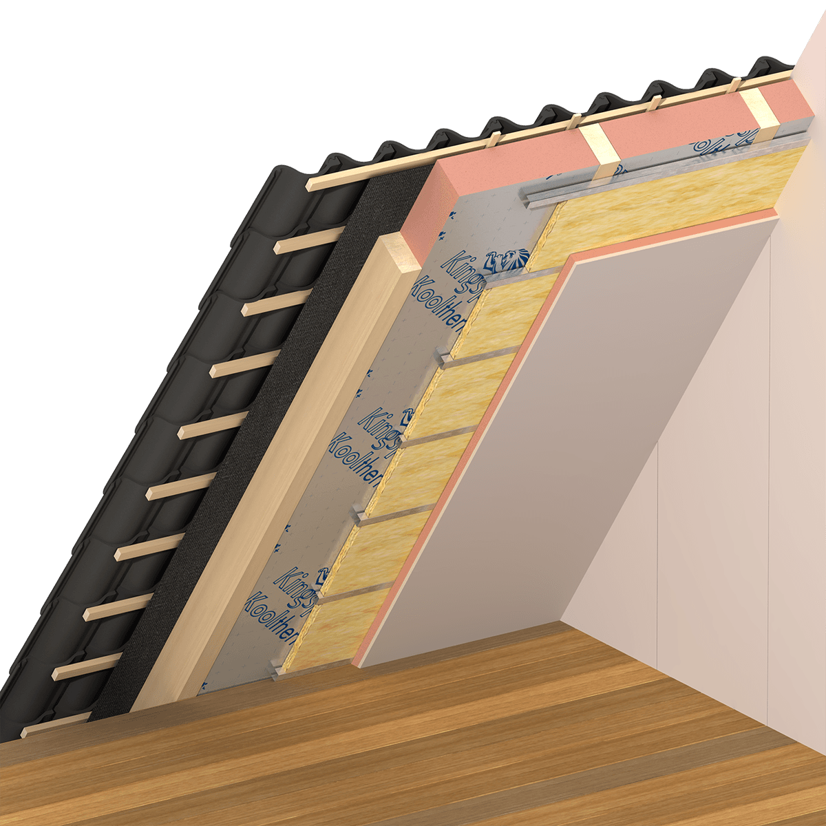Kooltherm K12 render 03 Illustration of a pitched roof construction featuring Kingspan Kooltherm® K12 D installed on the interior side of a pitched roof. The roof build-up includes roof tiles, timber battens, a roofing underlay, insulation layers, vapour control layer, and an internal plasterboard lining.