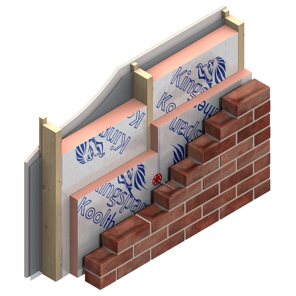 Kooltherm K12 render 06 Illustration of a cavity wall construction featuring a double layer of Kingspan Kooltherm® K12 D. The insulation boards are installed in a timber-frame construction with a brick façade. The cutaway view shows the timber studs, sheathing board, insulation layers, wall ties, cavity, brick outer leaf, and concrete foundation.