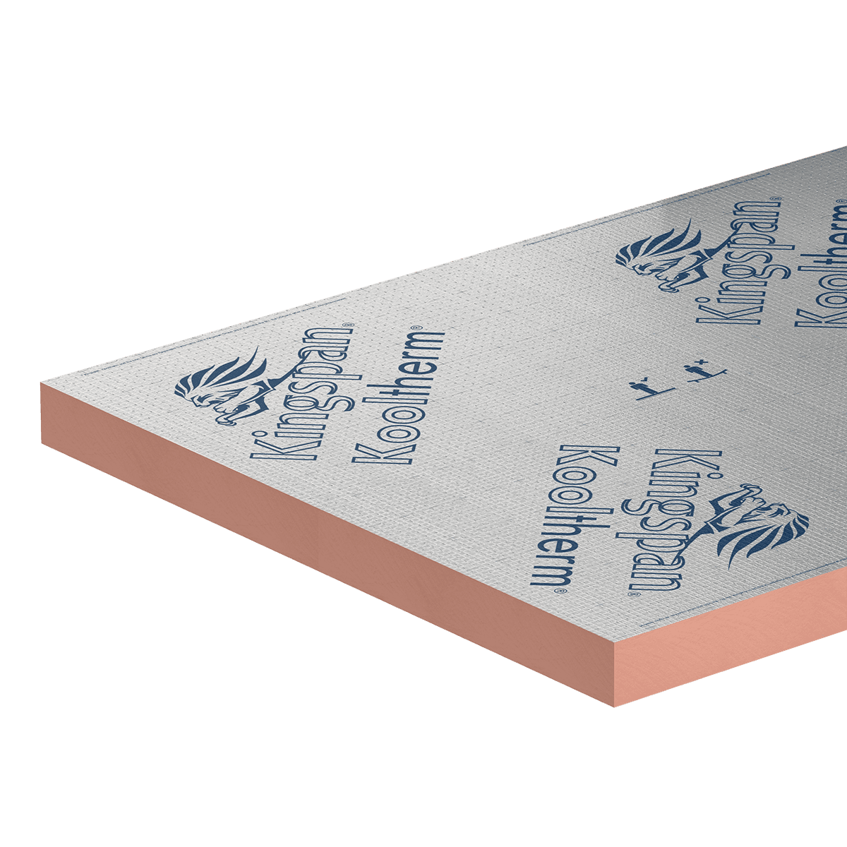 Kooltherm K15 C corner Illustration of a pink insulation board (Kingspan Kooltherm® K15 C) for ventilated façades, featuring a microperforated aluminium facer, and blue Kingspan Kooltherm® logos. The board is shown as a single rectangular insulation panel in perspective view, highlighting its slim profile and uniform construction.