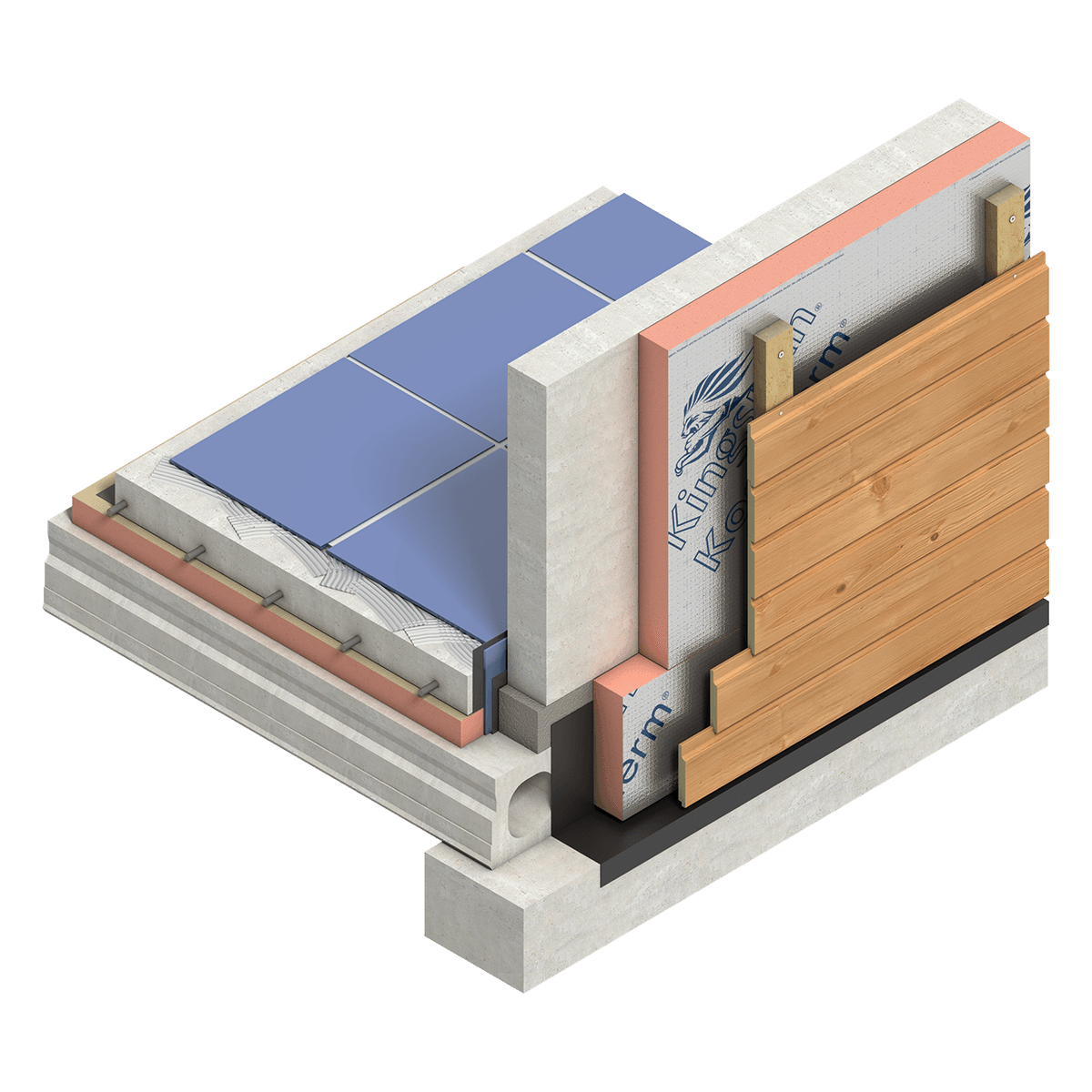 Kooltherm K15 C render 02 Illustration of a wall and floor junction featuring Kingspan Kooltherm® K15 C insulation boards for ventilated façades. The construction includes a concrete wall, external insulation , timber battens, and timber cladding forming a ventilated façade system. The floor assembly incorporates insulation, screed, and tiled floor finishes. The cutaway view highlights the continuity of thermal insulation between the façade and floor construction.