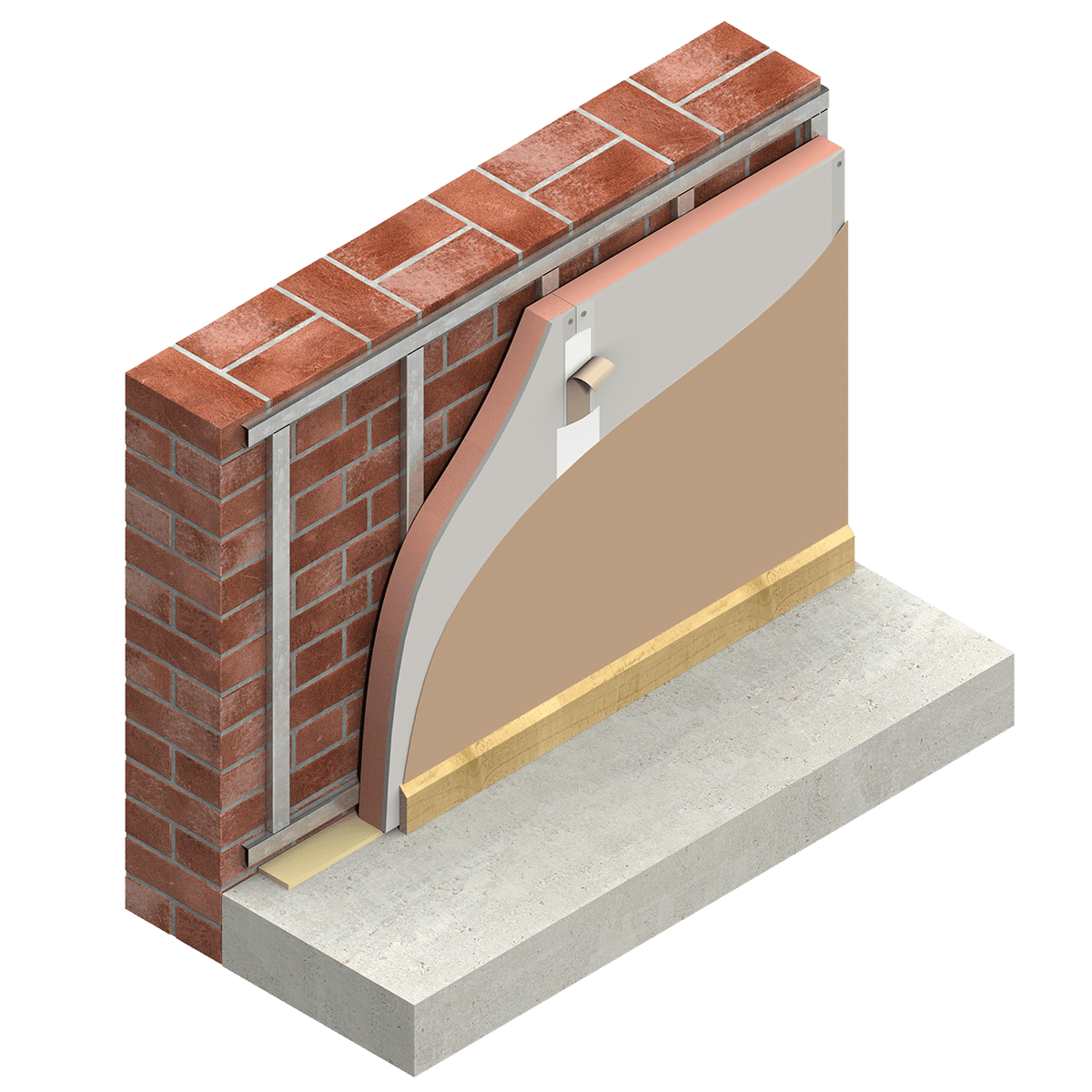 Kooltherm K17 render 02 Illustration of a wall construction featuring Kingspan Kooltherm® K17 insulated plasterboard . The insulated board is mechanically fixed to a masonry wall and finished with an internal plaster surface. The cutaway view shows the brick wall, insulated plasterboard, fixings, plasterboard lining, and concrete floor slab.