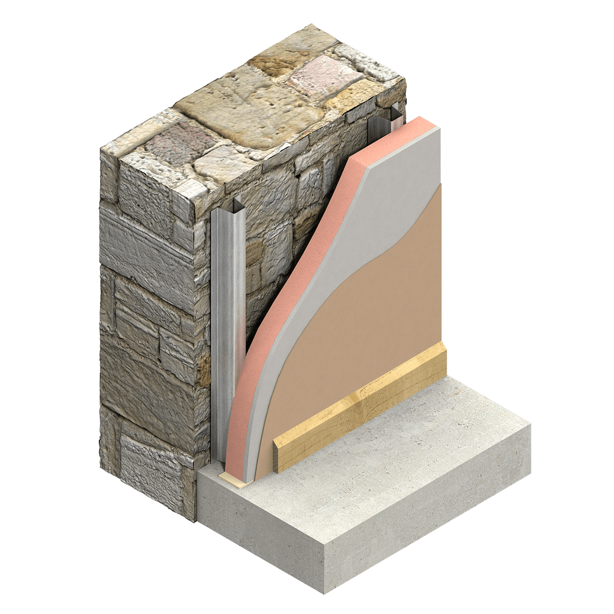 Kooltherm K17 render 03 Illustration of an external wall construction featuring Kingspan Kooltherm® K17. The cutaway view shows an internal wall build up with metal studs, insulation including a plaster board.