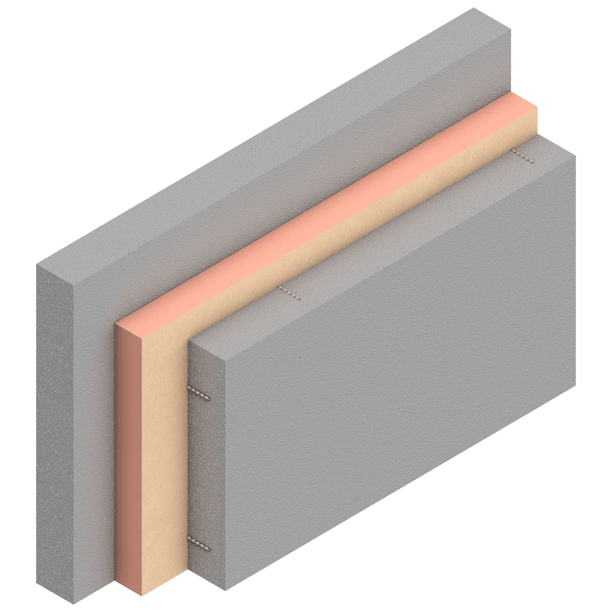 Kooltherm K20 render Illustration of a concrete sandwich wall construction featuring a Kingspan Kooltherm® K20 insulation board positioned between two precast concrete elements. The cutaway view shows the inner and outer concrete layers, mechanical wall ties, and the continuous insulation layer designed to improve the thermal performance of the wall assembly.
