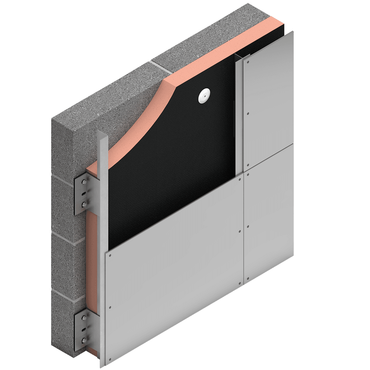 Kooltherm K21 render Illustration of a ventilated façade construction featuring a Kingspan Kooltherm® K21 insulation board with a black facer. The insulation board is mechanically fixed to a concrete block wall and installed behind façade panels mounted on a metal subframe, creating a ventilated cavity.