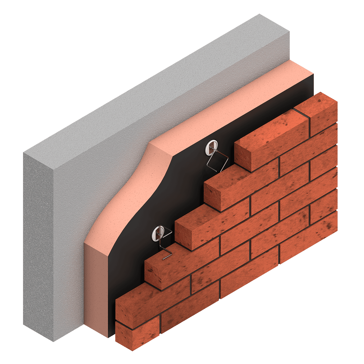 Kooltherm K21 N render 02 Illustration of a ventilated brick façade construction featuring a Kingspan Kooltherm® K21 N insulation board with a black facer. The insulation board is installed on the exterior of a concrete wall and secured with mechanical fixings. An outer brick façade is supported by wall ties, creating a ventilated cavity between the insulation and brickwork. The cutaway view highlights the concrete substrate, insulation layer, cavity, wall ties, and brick cladding.