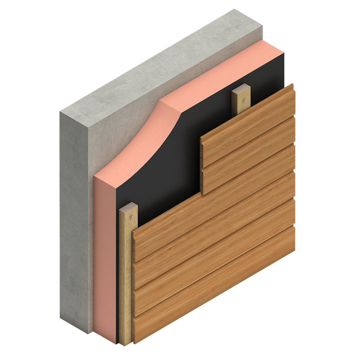 Kooltherm K21 N render Illustration of a ventilated façade construction featuring a Kingspan Kooltherm® K21 N insulation board with a black facer. The insulation board is installed on the exterior of a concrete wall and positioned behind horizontal timber cladding mounted on timber battens, creating a ventilated cavity. The cutaway view highlights the concrete substrate, insulation layer, support battens, ventilation cavity, and timber façade cladding.