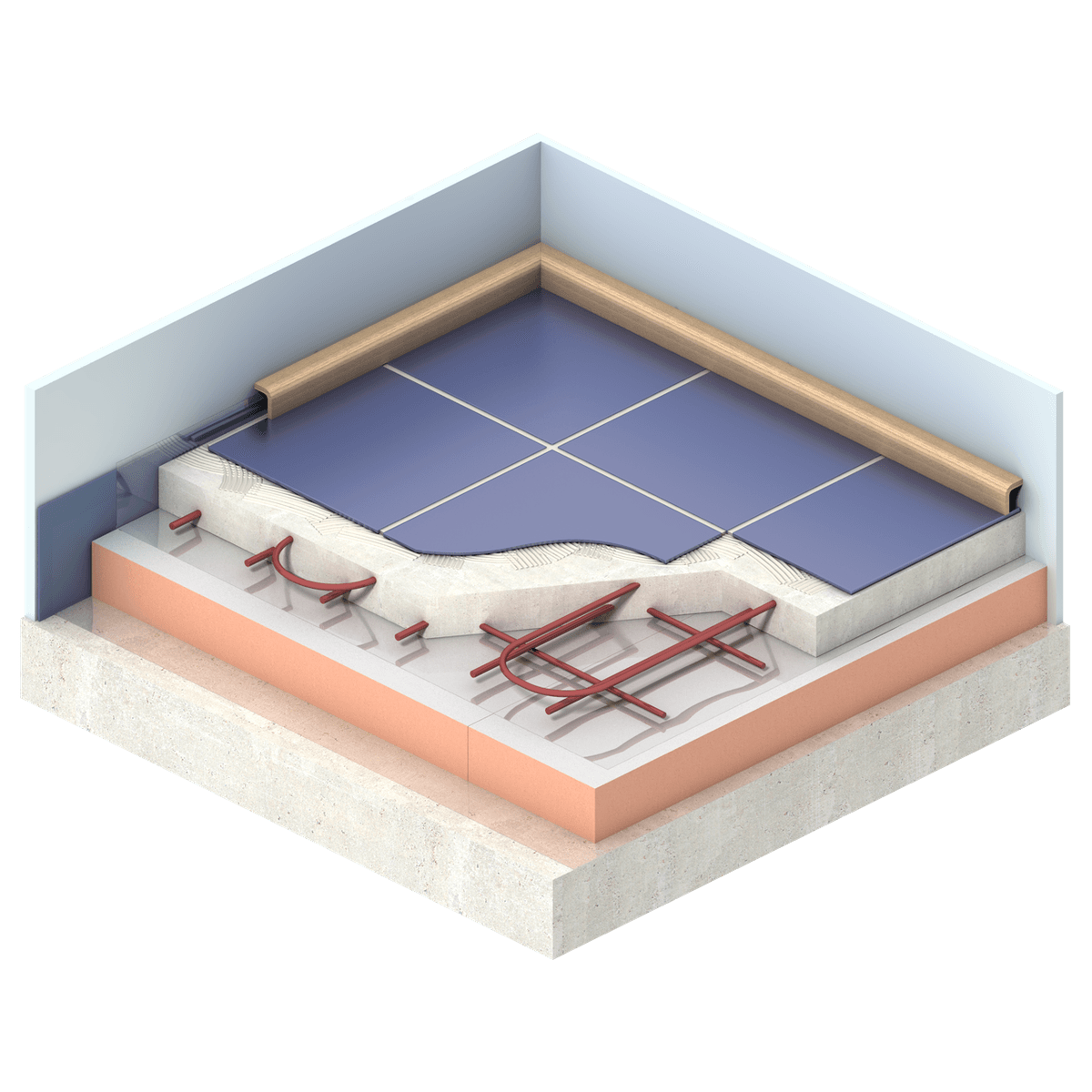 Kooltherm K3 render Illustration of a floor construction featuring a Kingspan Kooltherm® insulation board (called Kooltherm K3) installed above a concrete floor slab. The build-up includes underfloor heating pipes embedded within a screed layer and blue floor tiles as the finished floor surface. The cutaway view highlights the layered floor construction, including insulation, underfloor heating system, screed, floor finish, perimeter edging, and concrete structure.