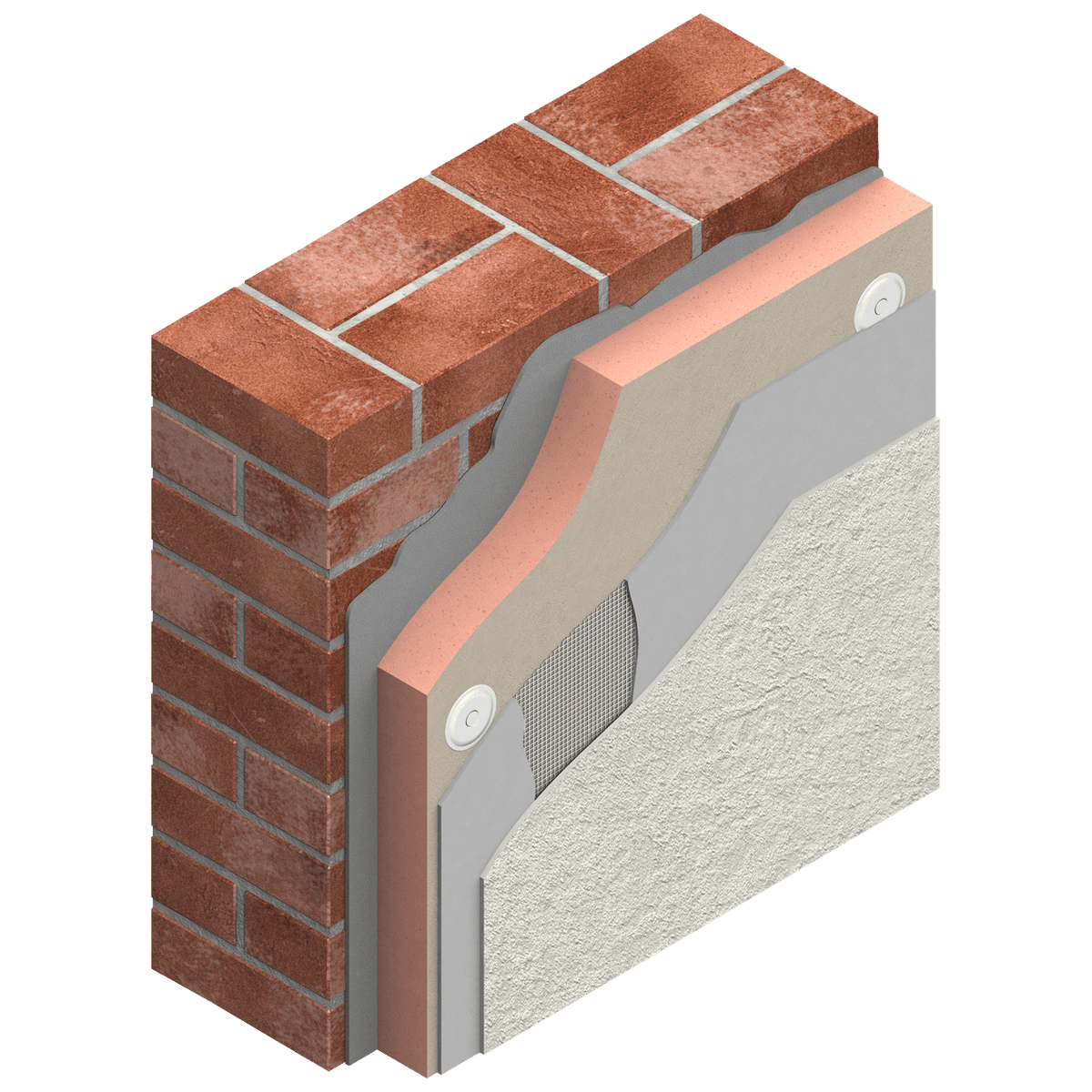 Kooltherm K5 render Illustration of an external wall construction featuring Kingspan Kooltherm® high-performance insulation with a rigid fibre-free phenolic core. The insulation board is mechanically fixed to a masonry wall and finished with a reinforced render system. The cutaway view shows the layered wall build-up, including brick masonry, insulation, fixings, reinforcement mesh, base coat, and external render finish.