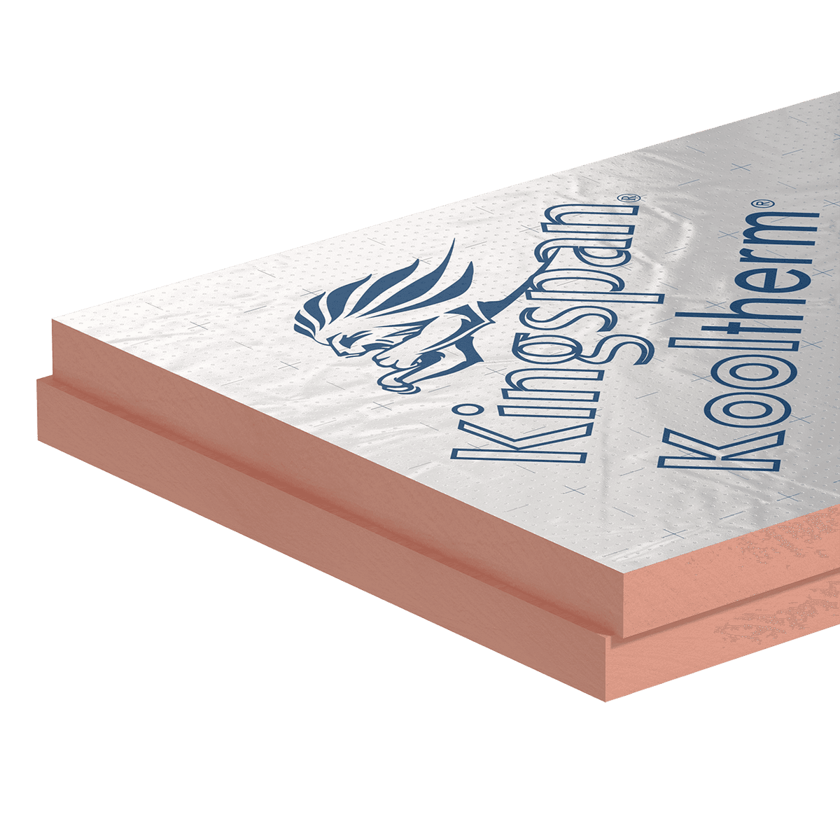 Kooltherm K8 corner Illustration of a pink insulation board (Kingspan Kooltherm® K8 D) with an aluminium facer featuring blue Kingspan Kooltherm® logos. The board is shown with a rebated edge profile designed to help create tightly fitted insulation joints and improve installation continuity.