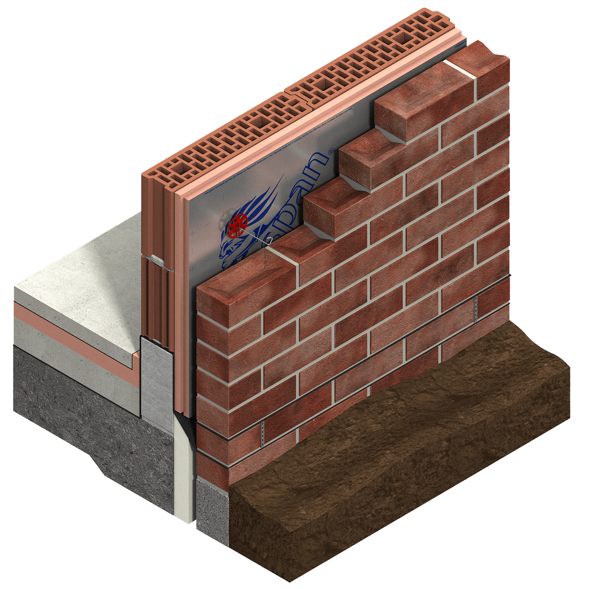 Kooltherm k8 render 03 Illustration of a cavity wall construction featuring Kingspan Kooltherm® K8 D insulation . The insulation board is installed within the wall cavity between a concrete block wall and an outer brick façade. The cutaway view shows the foundation, cavity wall, insulation layer, concrete floor slab, and wall components.