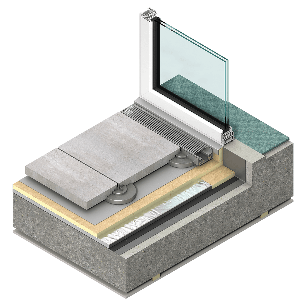 OPTIM-R render 02 Illustration of a flat roof terrace construction incorporating a Kingspan OPTIM-R® vacuum insulation board at a rooflight or glazed opening detail. The cutaway view shows concrete paving slabs on adjustable pedestals above a waterproofing membrane, Kingspan OPTIM-R® vacuum insulation board, additional insulation layers, and a structural concrete roof deck. A glazed rooflight system with aluminium framing is integrated into the roof build-up.