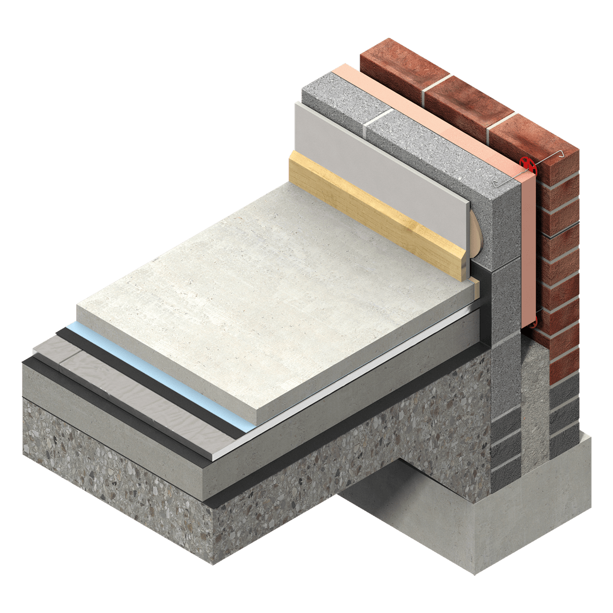 Kingspan OPTIM-R Flooring System Below Screed Solid Concrete Floor Illustration of a floor-to-wall junction insulated with a Kingspan OPTIM-R® vacuum insulation board. The cutaway view shows the vacuum insulation board installed along the inner face of a masonry cavity wall, adjacent to a concrete floor slab and floor insulation layers. The construction includes an outer brick façade, inner block wall, cavity wall insulation, damp-proof membrane, and floor build-up, demonstrating a thermally efficient detail designed to reduce thermal bridging at the wall-to-floor connection.