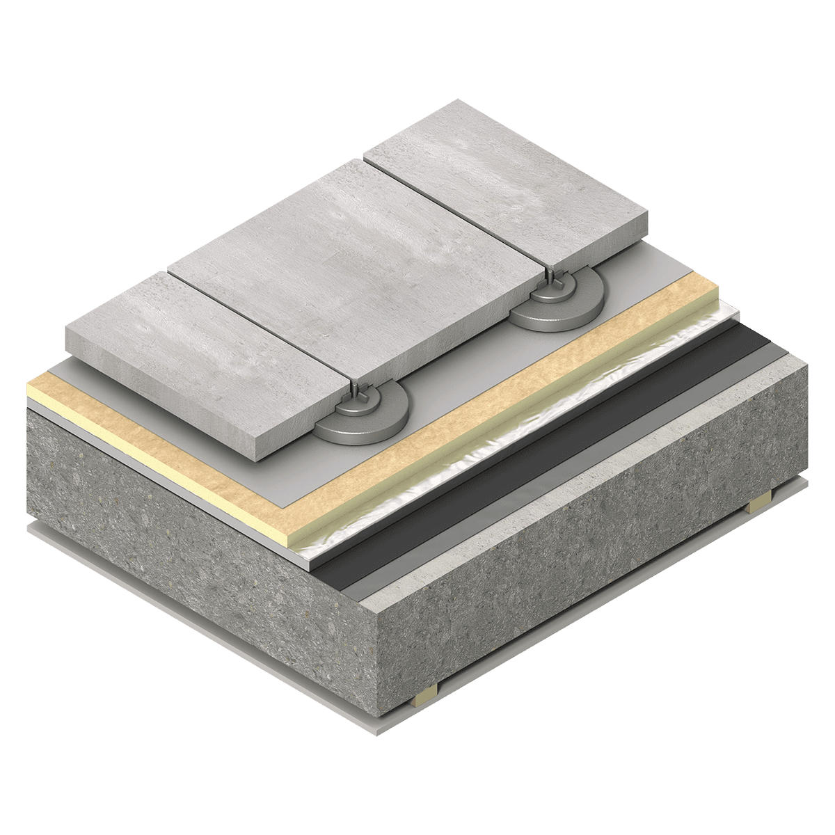OPTIM-R render 06 Illustration of a flat roof build-up including OPTIM-R roofing system. The picture shows a layered design of the build up which includes a concrete base, insulation and a finishing layer.