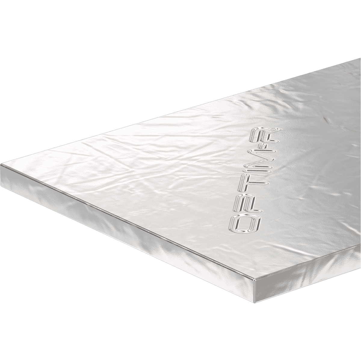OPTIM-R Roofing System Corner Render Illustration of a Kingspan OPTIM-R® vacuum insulation board (VIP) featuring a slim, high-performance insulation core encapsulated within a reflective metallic foil envelope. The insulation board is shown in perspective view with a smooth silver surface and thin profile, highlighting its space-saving design for applications where maximum thermal performance is required within minimal construction thickness.