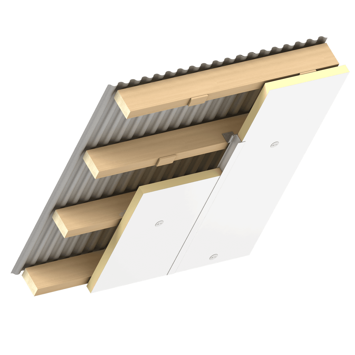 Kinspan Megaplus h-profile illustration of an insulated wall or ceiling construction showing rigid insulation boards with smooth white facings installed beneath a corrugated metal liner sheet. Timber support battens are fixed across the metal substrate, and the insulation boards are mechanically secured with visible fixing points. A metal joint profile is installed between two adjacent insulation boards to support and align the board joint. The cutaway view highlights the corrugated metal sheet, timber battens, insulation boards, joint profile and mechanical fixings within the assembly.