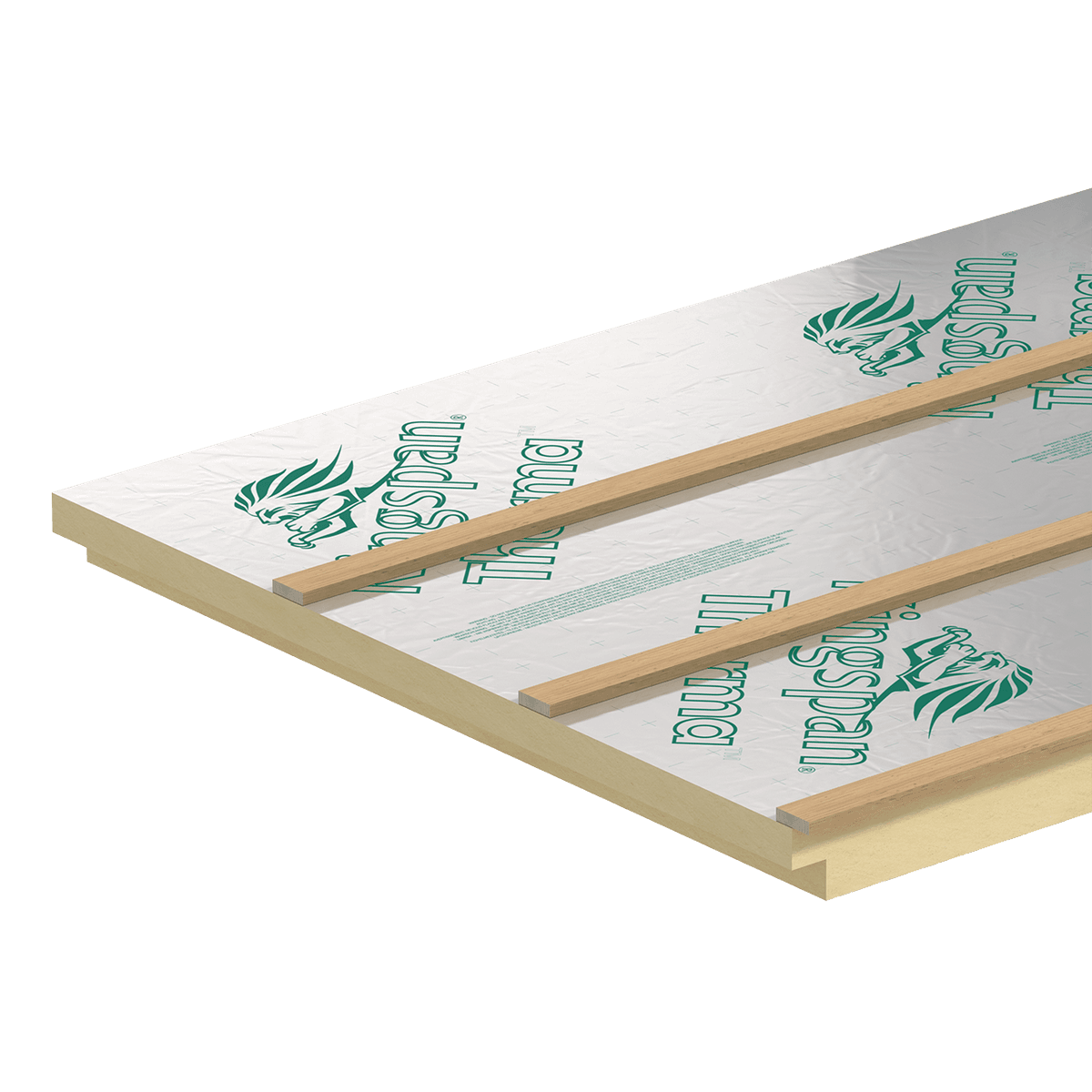 TP10 Renova Corner Illustratie van een Kingspan Therma hardschuim isolatieplaat met een reflecterende cachering aan het oppervlak en een sponning aan de onderzijde. Meerdere parallel geplaatste houten regels zijn boven op de isolatie aangebracht en vormen een draagconstructie boven de isolatielaag. De doorsnede toont de dikte van de isolatieplaat, de gecacheerde afwerking en de houten regels op het oppervlak.