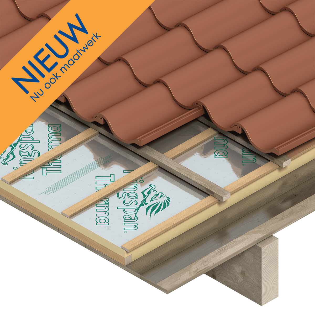 Illustratie van een hellende dakopbouw met keramische dakpannen op houten panlatten. Kingspan Therma isolatieplaten met reflecterende cachering zijn aangebracht tussen de latten boven een houten dakconstructie. De doorsnede toont de verschillende lagen van het dak, waaronder de dakpannen, houten latten, isolatieplaten en de onderliggende dragende houtconstructie.