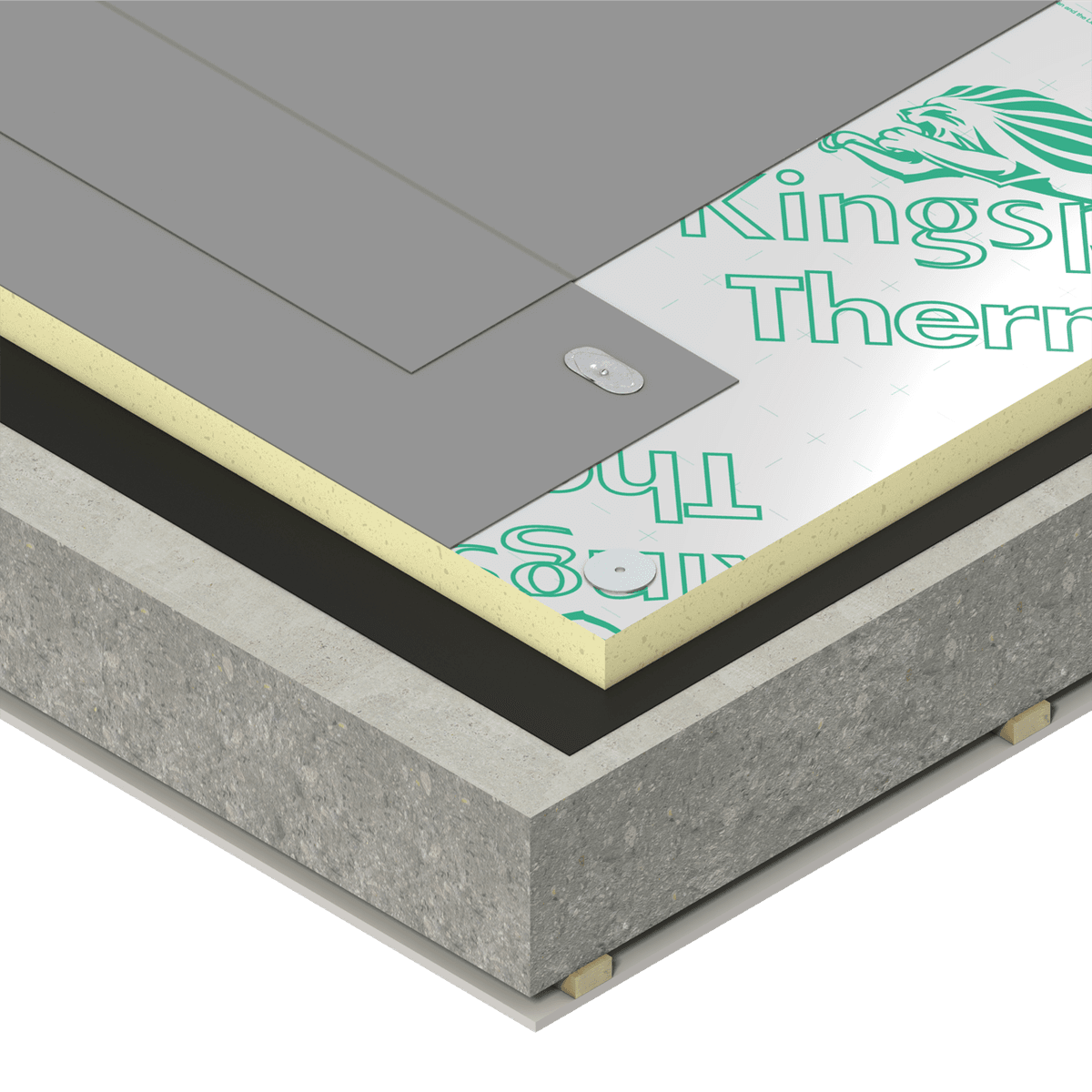 Therma TT46 render 02 Illustration of a flat roof system with yellow Kingspan Therma™ PIR insulation boards. The insulation is mechanically fixed above a concrete roof deck and beneath a grey waterproof roofing membrane. The cutaway view highlights the layered roof construction, including the concrete deck, insulation layer, fixings, and roof membrane.