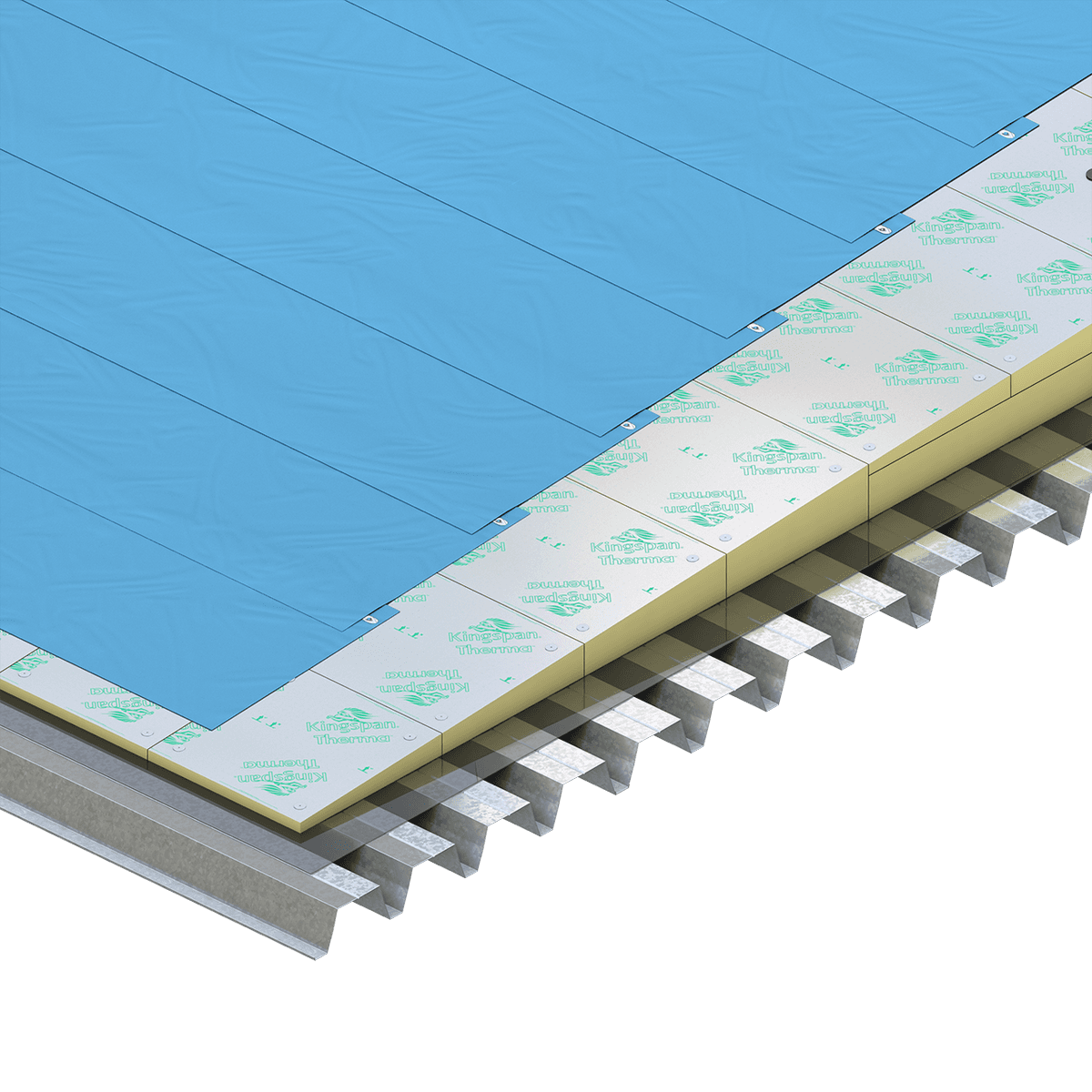 Therma TT46 render 03 Illustration of a flat roof system with yellow Kingspan Therma™ PIR insulation boards. The insulation is mechanically fixed above a profiled metal roof deck and beneath a blue single-ply roofing membrane. The cutaway view highlights the layered roof construction and insulation arrangement.