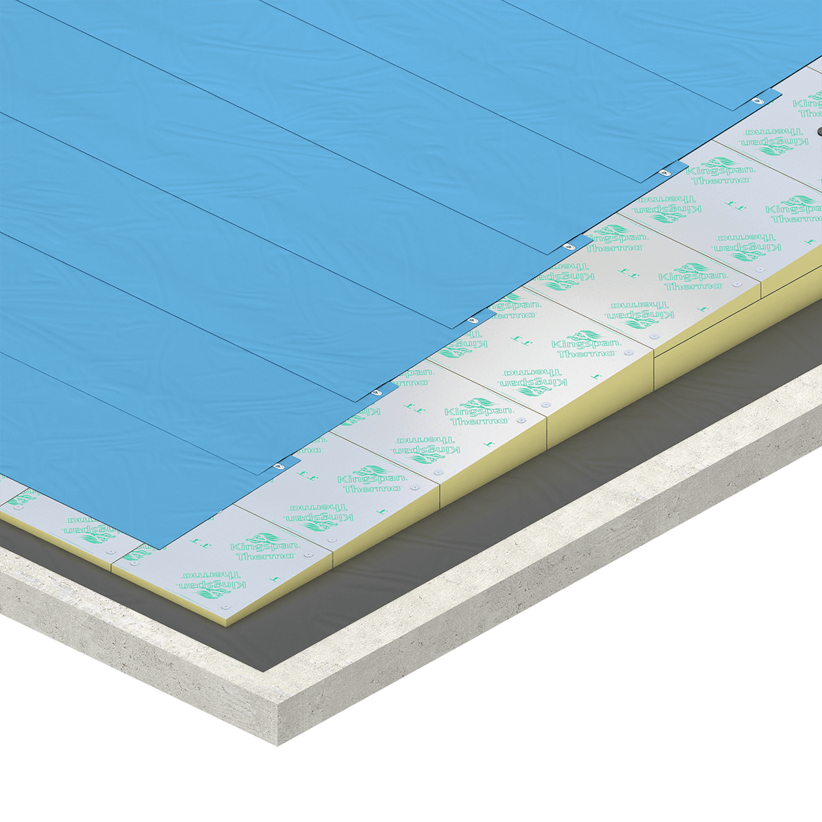 Therma TT46 render 04 Illustration of a flat roof system with yellow Kingspan Therma™ PIR insulation boards. The insulation is fixed above a concrete roof deck and beneath a blue single-ply roofing membrane. The cutaway view highlights the layered roof construction and insulation arrangement.