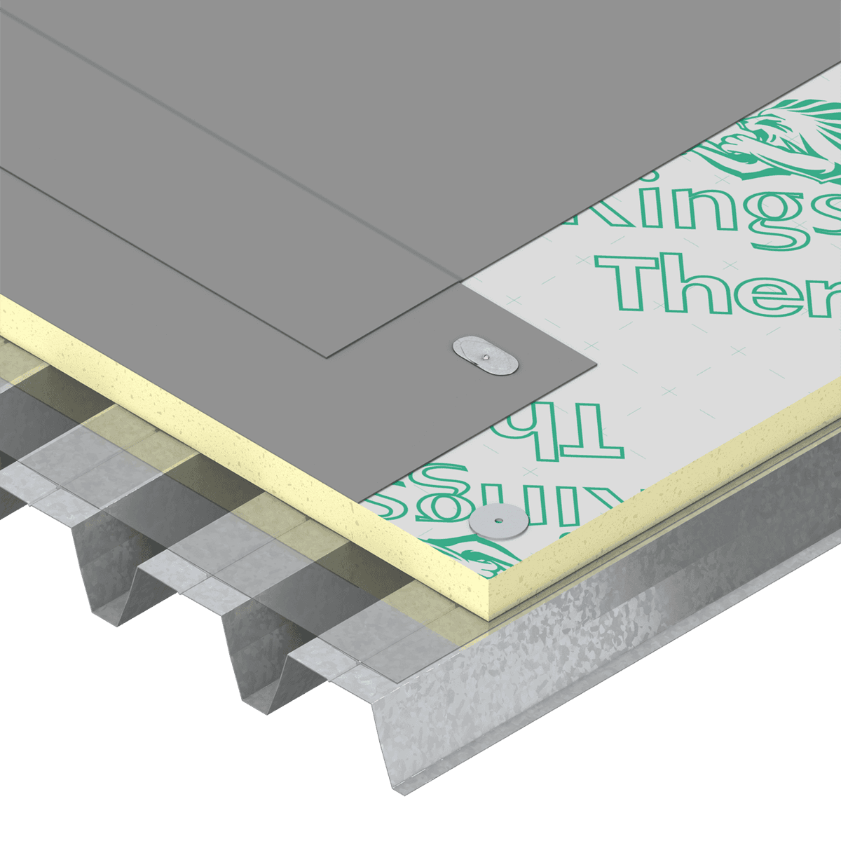 Therma TT46 render Illustration of a flat roof system with yellow Kingspan Therma™ PIR insulation boards. The insulation is mechanically fixed above a profiled metal roof deck and beneath a grey waterproof roofing membrane. The cutaway view highlights the layered roof construction, including the metal deck, insulation layer, fixings, and roof membrane.